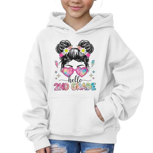 Hello 2nd Grade Messy Bun Girl Back To School First Day Graphic Kid Hoodie - Savourry