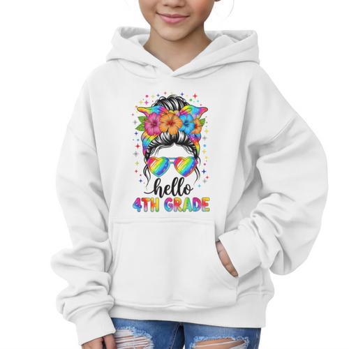 Hello 4th Grade Messy Bun Girls Back To School First Day Graphic Kid Hoodie - Savourry