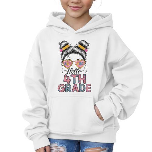Hello 4th Grade Messy Bun Hair Back To School Girls Graphic Kid Hoodie - Savourry