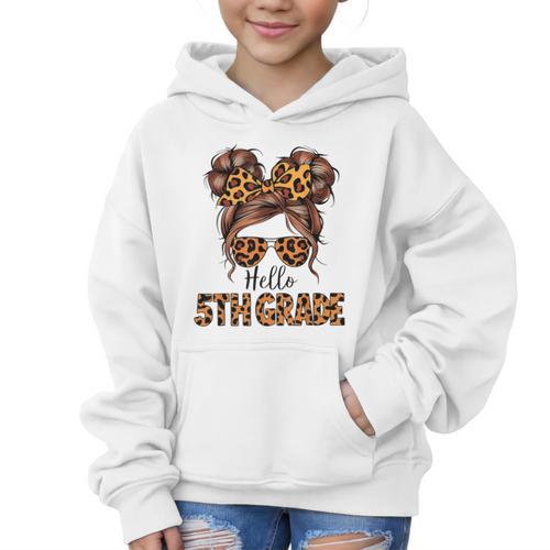 Hello 5th Grade Messy Hair Bun Girl Back To School First Day Graphic Kid Hoodie - Savourry