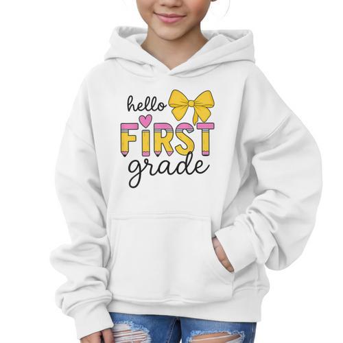 Hello First Grade For Girls Boys Cute Back To School Pencil Graphic Kid Hoodie - Savourry