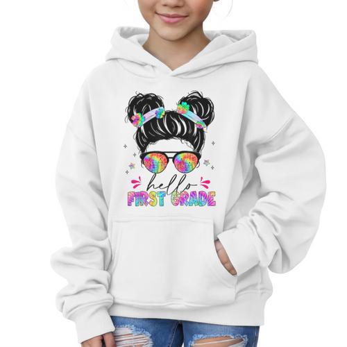 Hello First Grade Shirt Messy Bun Tie Dye Back To School Graphic Kid Hoodie - Savourry