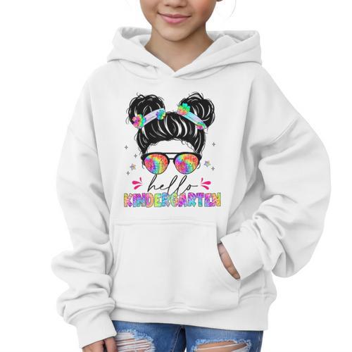Hello Kindergarten Shirt Messy Bun Tie Dye Back To School Graphic Kid Hoodie - Savourry