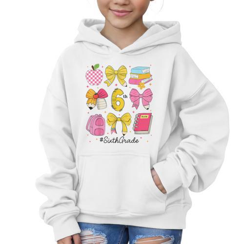 Hello Sixth 6th Grade Back To School Coquette Bow Girls Graphic Kid Hoodie - Savourry