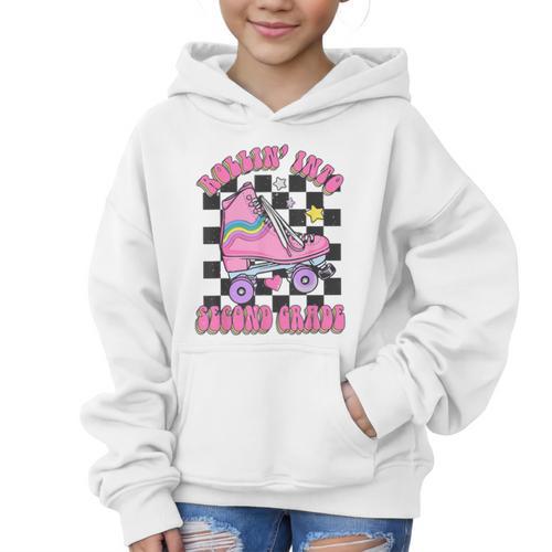 Kids Back To School Skating Rollin Into Second 2nd Grade Graphic Kid Hoodie - Savourry
