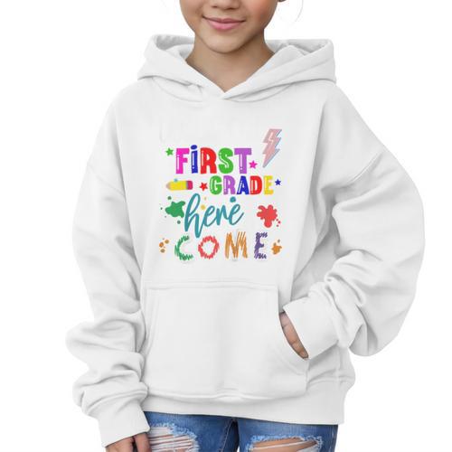 Kids Watch Out First Grade Here I Come 1st Grade Back To School Graphic Kid Hoodie - Savourry