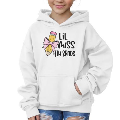 Lil Miss 4th Grade Coquette Bow Pencil Back To School Girls Graphic Kid Hoodie - Savourry