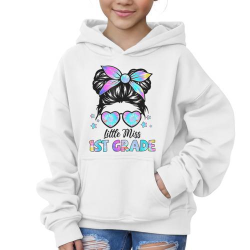 Little Miss 1st Grade Messy Bun Back To School Girls Kids Graphic Kid Hoodie - Savourry
