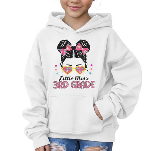 Little Miss 3rd Grade Messy Bun Back To School Graphic Kid Hoodie - Savourry