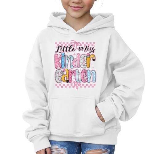 Little Miss Kindergarten Back To School Girls Coquette Bow Graphic Kid Hoodie - Savourry