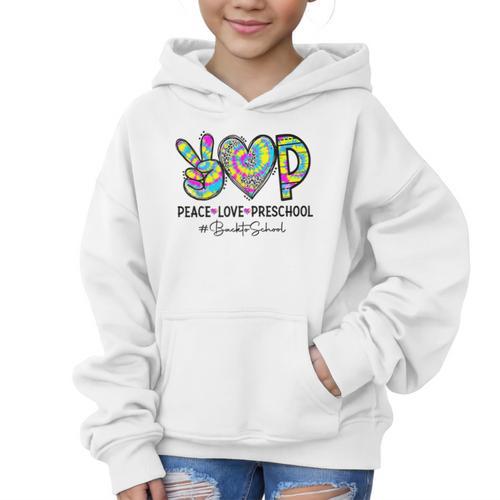 Peace Love Preschool First Day Of Preschool Back To School Graphic Kid Hoodie - Savourry