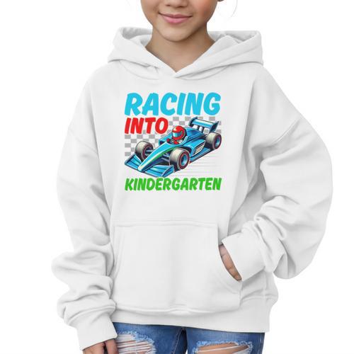 Racing Into Kindergarten Race Car Driver Back To School Performance Graphic Kid Hoodie - Savourry