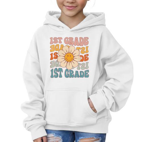 Retro 1st Grade Daisy Colorful Back To School First Grade Graphic Kid Hoodie - Savourry