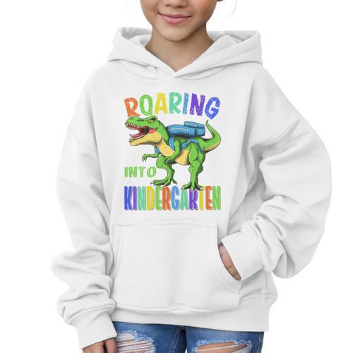 Roaring Into Kindergarten Dinosaur T Rex Back To School Boys Performance Graphic Kid Hoodie - Savourry