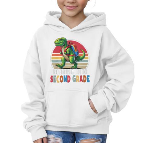 Roaring Into Second Grade T-Rex Back To School 2nd Grade Premium Tri-Blend Graphic Kid Hoodie - Savourry