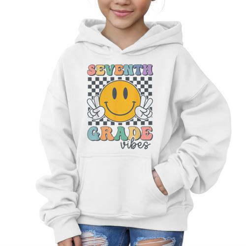 Seventh Grade Vibes Cute Smile Back To School 7th Grade Team Graphic Kid Hoodie - Savourry
