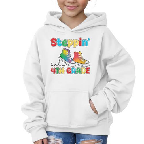 Steppin Into Fourth Grade Back To School First Day 4th Grade Graphic Kid Hoodie - Savourry