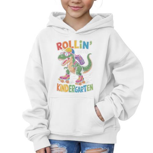T Rex Rollin Into Kindergarten Back To School First Day Boys Graphic Kid Hoodie - Savourry