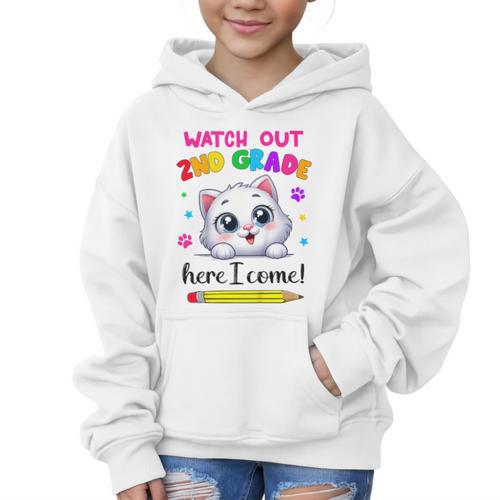 Watch Out 2nd Grade Here I Come Girls Cat Back To School Graphic Kid Hoodie - Savourry