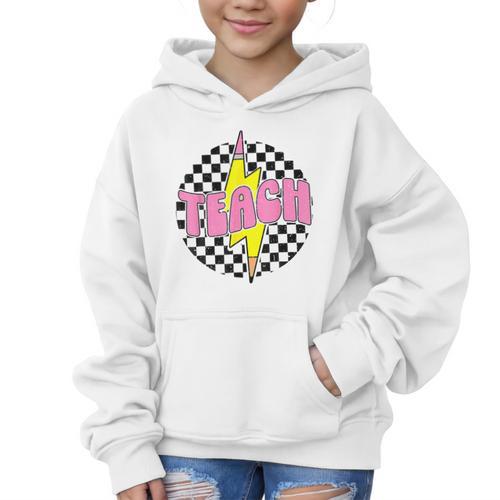 Women Checkered Teach Pencil Lightning Bolt Back To School Graphic Kid Hoodie - Savourry