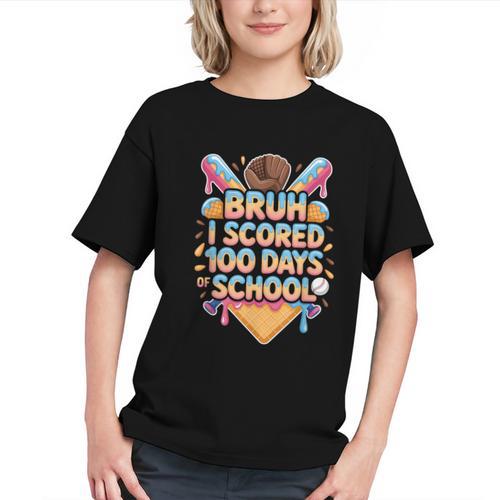 Bruh I Scored 100 Days Of School Baseball Ice Cream Drip Tee Graphic Youth - Sportilla