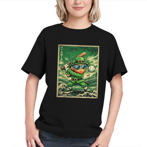 Leprechaun Playing Baseball Japanese Art St Patricks Day Graphic Youth - Sportilla