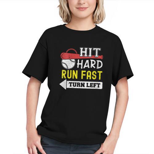 Women's Hit Hard Run Fast Turn Left Baseball Quote Fan Coach Graphic Youth - Sportilla