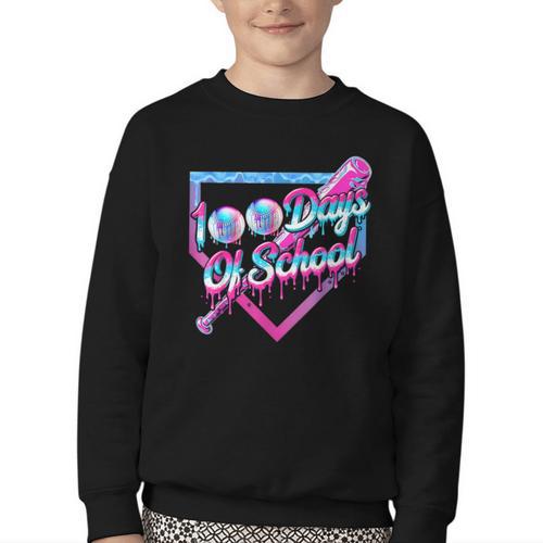 100 Days Of School Baseball 100th Day Ice Cream Boys Kids Youth Crewneck Sweatshirt - Sportilla