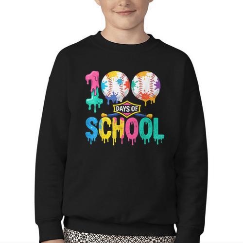 100 Days Of School Baseball Boys Kids Colorful 100th Day Youth Crewneck Sweatshirt - Sportilla