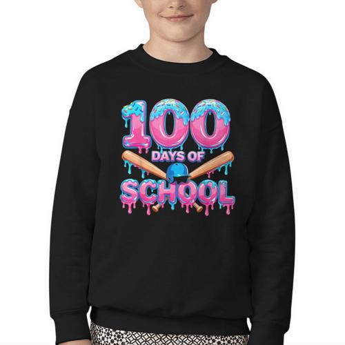 100 Days Of School Baseball Dripping Ice Cream 100th Day Youth Crewneck Sweatshirt - Sportilla