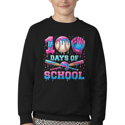 100 Days Of School Baseball Sports Drip Graphic Youth Crewneck Sweatshirt - Sportilla