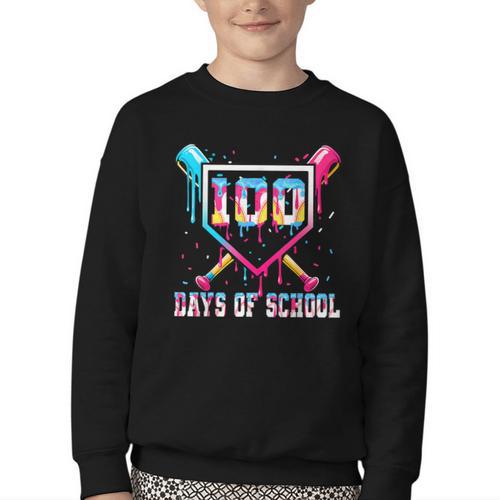 100 Days Of School Boy Kids Baseball Ice Cream Drip Teacher Youth Crewneck Sweatshirt - Sportilla