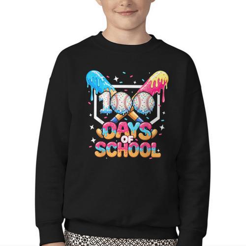 100 Days Of School Ice Cream Baseball Player For Kids Boys Youth Crewneck Sweatshirt - Sportilla