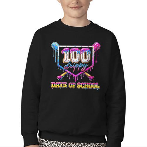 100 Drippy Days Of School Baseball For Boy Kids Youth Crewneck Sweatshirt - Sportilla