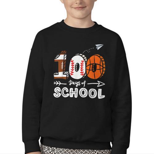 100th Day Of School Basketball Baseball Football Kids Boys Youth Crewneck Sweatshirt - Sportilla