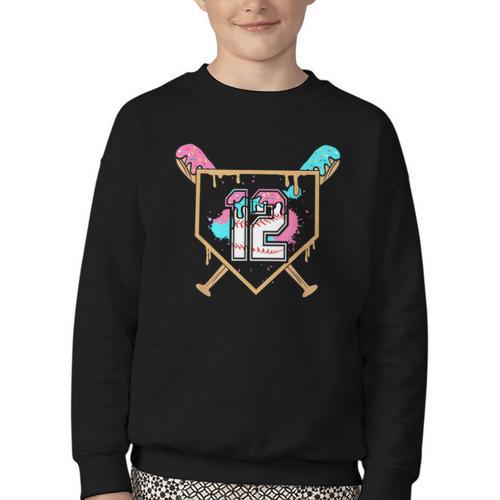 12th Birthday Baseball Bat Ice-Cream Drip 12yrs Old Boy Kid Youth Crewneck Sweatshirt - Sportilla
