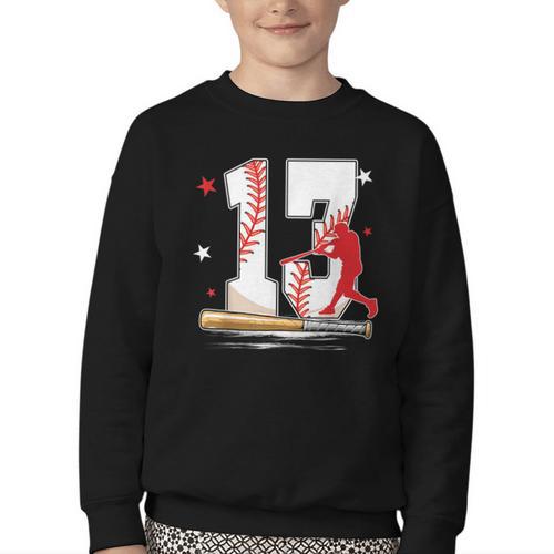 13 Years Old Baseball Birthday Boy 13th Bday Party Youth Crewneck Sweatshirt - Sportilla