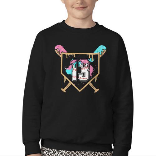 13th Birthday Baseball Bat Ice-Cream Drip 13yrs Old Boy Kid Youth Crewneck Sweatshirt - Sportilla