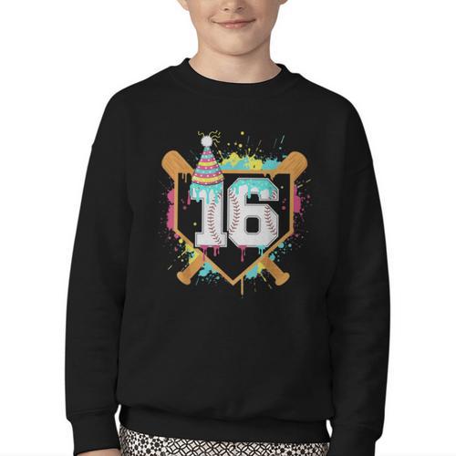 16th Birthday Baseball Drip Number 16 Year Old Birthday Boy Youth Crewneck Sweatshirt - Sportilla