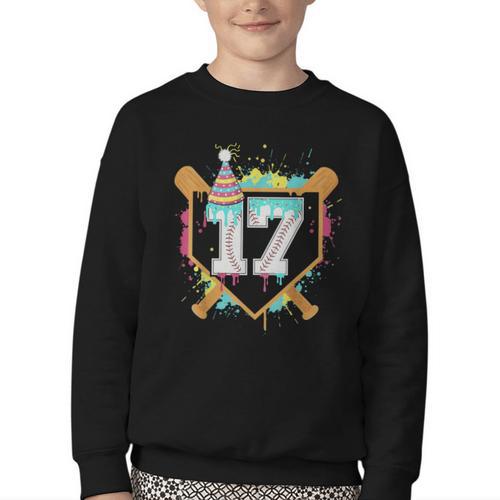 17th Birthday Baseball Drip Number 17 Year Old Birthday Boy Youth Crewneck Sweatshirt - Sportilla