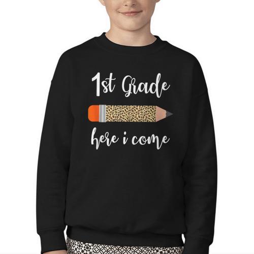1st Grade Here I Come Leopard Pencil Back To School Student Youth Crewneck Sweatshirt - Savourry