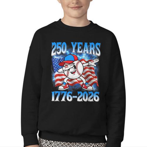 250 Years 1776 2026 250th Baseball American Flag 4th Of July Youth Crewneck Sweatshirt - Sportilla