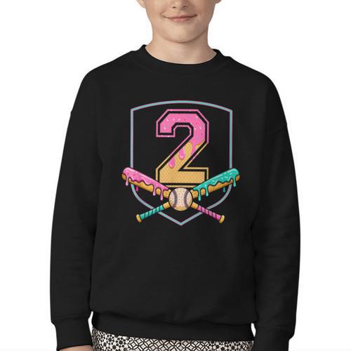 2nd Birthday Baseball Bat Ice-Cream Drip 2yrs Old Boys Kids Youth Crewneck Sweatshirt - Sportilla