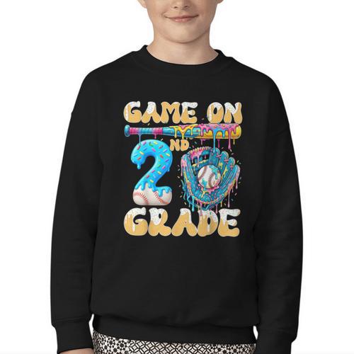 2nd Grade Back To School Baseball Drip Ice Cream Game On Youth Crewneck Sweatshirt - Savourry