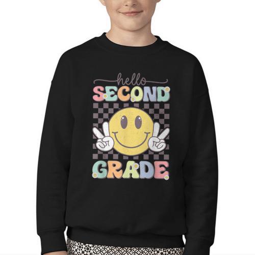 2nd Grade Team Back To School Hello Second Grade Smile Face Youth Crewneck Sweatshirt - Savourry