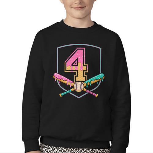 4th Birthday Baseball Bat Ice-Cream Drip 4yrs Old Boys Girls Youth Crewneck Sweatshirt - Sportilla