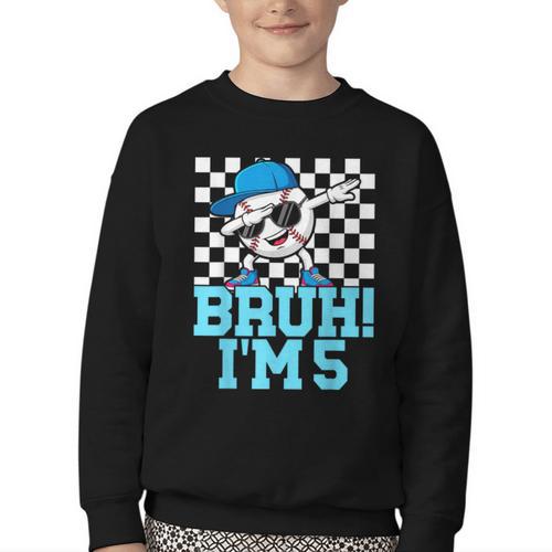 5th Birthday Dabbing Baseball Boys Bruh I'm 5 Year Old Youth Crewneck Sweatshirt - Sportilla