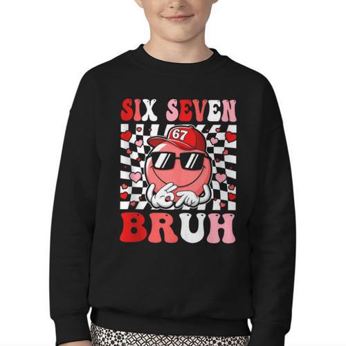 6 7 Bruh Six Seven Valentine Heart Baseball Youth Crewneck Sweatshirt - Sportilla