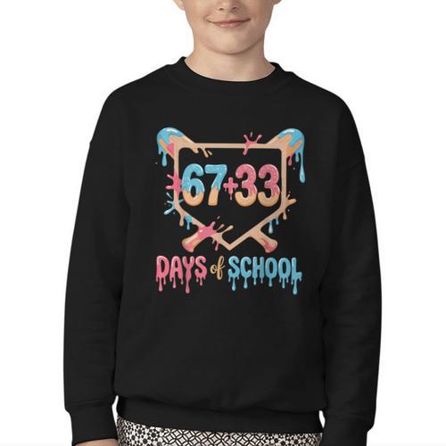 67 33 Days Of School Baseball Drip 100 Days Of School Youth Crewneck Sweatshirt - Sportilla