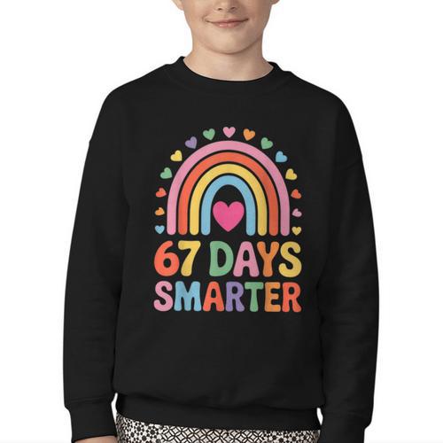 67 Days Smarter Rainbow For Back To School Kids Youth Crewneck Sweatshirt - Savourry